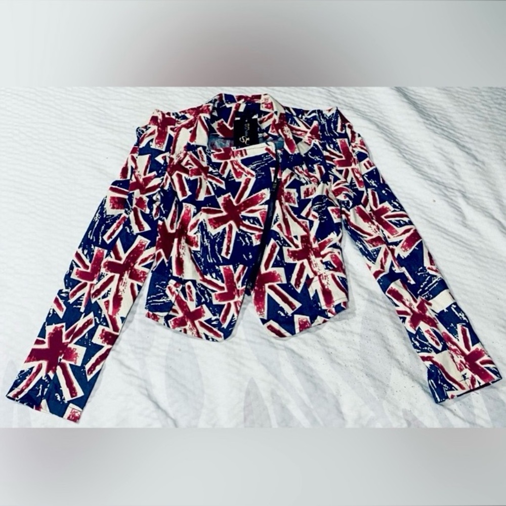 Union Jack Patterned Blazer / Jean Jacket (Asymme… - image 1